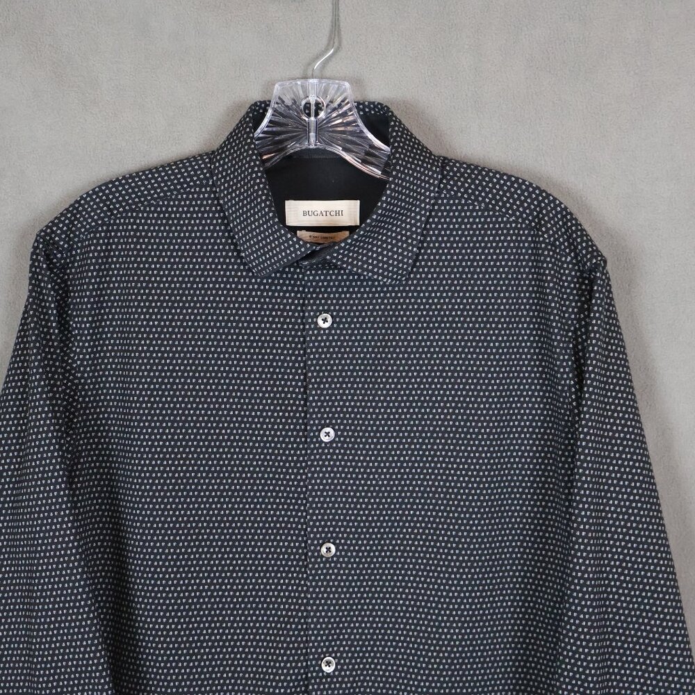 Bugatchi Shirt Mens Medium Black Jimmy Micro Geometric OoohCotton 8 Way Stretch